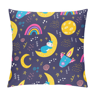 Personality  Seamless Pattern With A Small Hippopotamus. Vector Illustration  With A Hippo Sleeping On The Moon. A Pattern For The Design Of A Children's Room. Flat Doodle Style. Rainbow  Pillow Covers