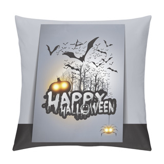 Personality  Happy Halloween Card, Flyer Or Cover Template - Flying Bats Over The Autumn Woods And Various Spooky Creatures With Glowing Eyes - Vector Illustration Pillow Covers