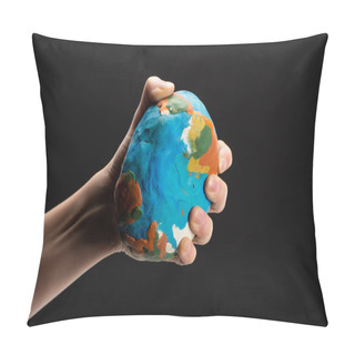 Personality  Cropped View Of Woman Compressing Plasticine Globe In Hand Isolated On Black, Global Warming Concept Pillow Covers