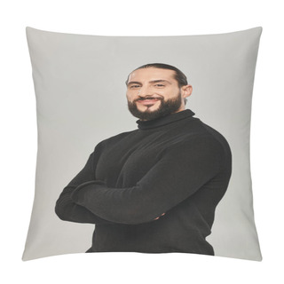 Personality  Portrait Of Happy And Handsome Arabic Man With Beard Posing With Crossed Arms On Grey Backdrop Pillow Covers