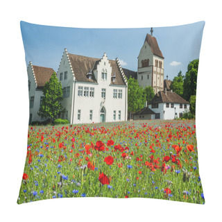 Personality  Blooming Poppy Field In Front Of Reichenau Abbey, Reichenau Island, Lake Constance, Germany Pillow Covers