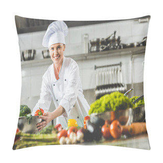 Personality  Smiling Attractive Chef Taking Bowl With Vegetables And Looking At Camera At Restaurant Kitchen Pillow Covers