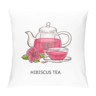 Personality  Hibiscus Tea - Pink Drink In Glass Cup And Teapot Isolated On White Background Pillow Covers