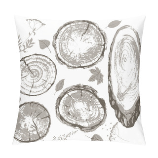 Personality  Gray Cross Section Of Tree Trunk And Leaves Set. Pillow Covers