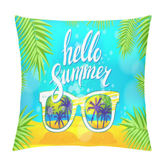 Personality  White Sunglasses Reflection Sunset At Palm Tree Landscape Scene In Light Blue Studio, Summer Time Concept, Leave Space For Adding Your Content Or Text Vector Pillow Covers