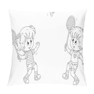 Personality  Happy Little Kids Playing Badminton With Rackets And A Flying Shuttlecock In A Fun Game On A Summer Playground, Black And White Outline Vector Cartoon Illustration For A Coloring Book Page Pillow Covers
