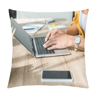 Personality  Cropped View Of Freelancer Working With Laptop And Smartphone On Table Pillow Covers