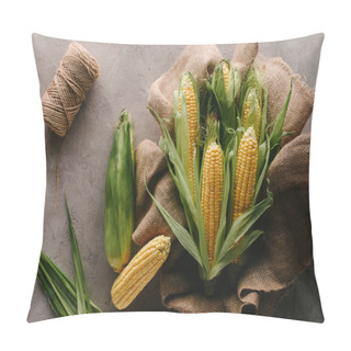 Personality  Flat Lay With Ripe Corn Cobs On Sack Cloth And Rope On Grey Concrete Tabletop Pillow Covers