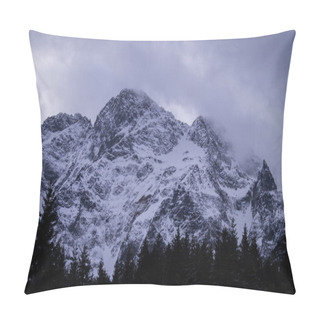 Personality  Stunning View Of The Majestic Snow-covered Peaks Of High Tatras In Poland, Showcasing Rugged Mountainsides Cascading Down To A Dense, Evergreen Forest. The Overcast Sky Adds A Dramatic Touch Pillow Covers