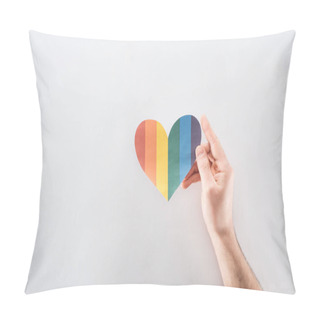 Personality  Cropped View Of Male Hand With Rainbow Colored Paper Heart On Grey Background, Lgbt Concept Pillow Covers