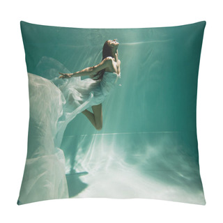 Personality  Brunette Young Woman In Dress Diving In Pool  Pillow Covers