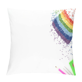 Personality  The Rainbow Of Colorful Crystals, Tweezers, Stylus And Tray For Diamond Embroidery, Mosaic On White Background. Handmade Hobby Concept. Flat Lay Style With Copy Space For Your Text. Pillow Covers