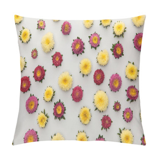 Personality  Top View Of Yellow And Purple Asters On White Background Pillow Covers