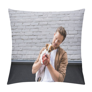 Personality  Man Holding On Hands Jack Russell Terrier And Leash On Urban Street  Pillow Covers