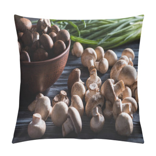 Personality  Close-up Shot Of Raw Champignon Mushrooms With Onion On Dark Wooden Table Pillow Covers