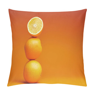 Personality  Close-up View Of Whole And Sliced Oranges On Orange Background  Pillow Covers