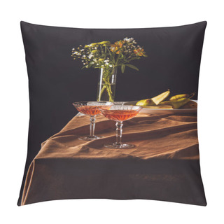 Personality  Glasses Of Wine With Grapes And Pears On Table On Black Pillow Covers