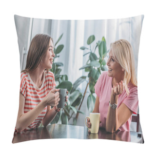 Personality  Cheerful Daughter And Mother Sitting At Kitchen Table, Talking And Drinking Tea Pillow Covers