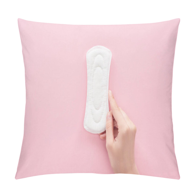 Personality  Cropped View Of Woman Holding White Sanitary Napkin On Pink Background Pillow Covers