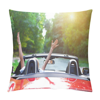 Personality  Beautiful Blond Young Woman Driving A Sports Car Pillow Covers