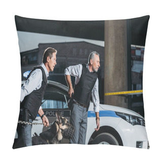 Personality  Side View Of Police Officer Taking Off Gun From Holster While His Colleague Running Near With Alsatian On Leash  Pillow Covers