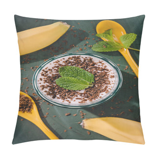 Personality  Top View Of Milkshake With Chocolate Shavings And Mint, Spoons And Bananas On Table Pillow Covers