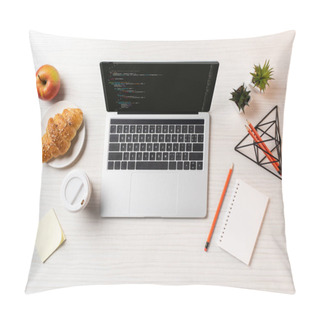 Personality  Top View Of Laptop With Html Code On Screen, Disposable Coffee Cup, Apple And Croissant On Table Pillow Covers