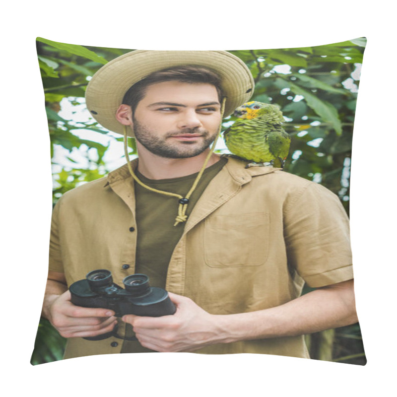 Personality  Handsome Young Man In Safari Suit Looking At Parrot On Shoulder In Jungle Pillow Covers