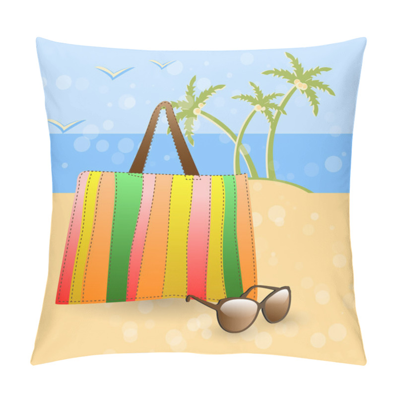 Personality  Summer at the beach - stylish accessories on golden sand at the beach: colorful bag and sunglasses. pillow covers