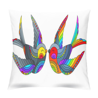 Personality  A Set Of Illustrations In The Style Of A Stained Glass Window With Swallows, Bright Animals Isolated On A White Background Pillow Covers
