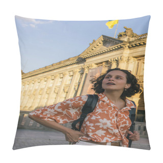 Personality  Surprised Young Woman In Sunglasses Standing Near Bode Museum With Ukrainian Flag  Pillow Covers