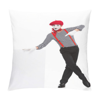 Personality  Cheerful Mime Pointing On Empty Board Isolated On White  Pillow Covers