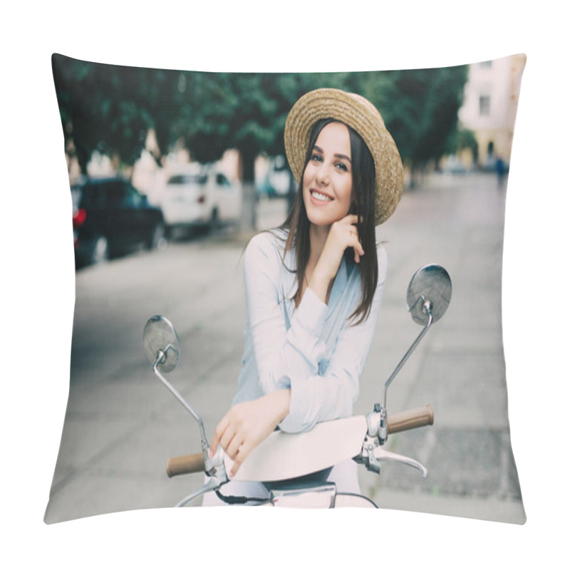 Personality  Beautiful Girl In A Hat In A White T-shirt And Hat Posing On A Scooter Pillow Covers