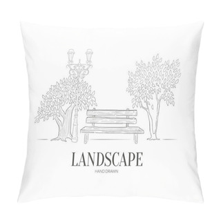 Personality  Hand Drawn Landscape Banner Template With Wooden Bench Under Trees Vector Illustration Pillow Covers