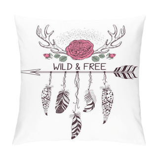 Personality  Hand Drawn Boho Style Design With Rose Flower, Arrow And Deer Antlers. Pillow Covers