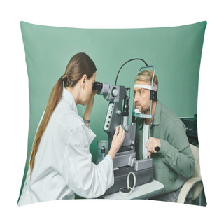 Personality  Beautiful Doctor Examining A Mans Eye In A Professional Setting. Pillow Covers