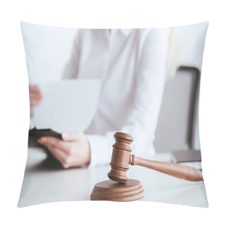 Personality  Selective Focus Of Gavel Near Woman Holding Clipboard With Document On Background Isolated On White Pillow Covers