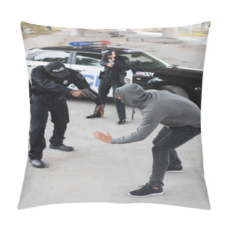 Personality  High Angle View Of Multicultural Police Officers With Pistols Aiming At Surrendered Offender On Blurred Background Outdoors Pillow Covers