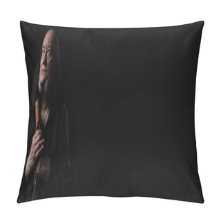 Personality  Monk Holding Medieval Manuscript And Looking Away Isolated On Black, Banner Pillow Covers