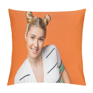 Personality  Portrait Of Smiling And Stylish Blonde Teenager With Bold Makeup And Hairstyle Looking At Camera While Posing In Casual Clothes Isolated On Orange, Trendy Teenage Girl Expressing Individuality Pillow Covers