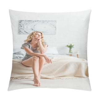 Personality  Dreamy Young Woman Looking Away While Sitting On Bed At Home  Pillow Covers