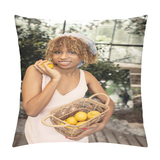 Personality  Smiling Young African American Woman With Braces Holding Basket With Fresh Lemons And Posing In Summer Dress And Standing In Orangery, Stylish Lady Blending Fashion And Nature, Summer Concept Pillow Covers