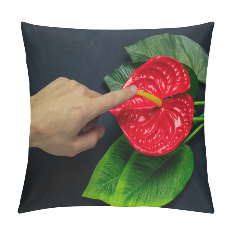 Personality  blurred male hand touches a red tropical flower on a black background, sex concept pillow covers