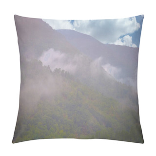 Personality  This Photograph Presents A Captivating Scene Where The Lush Greenery Of Mountain Slopes Is Partially Veiled By Soft, Drifting Mist. The Overcast Sky, With Patches Of Blue Peeking Through, Suggests A Pillow Covers