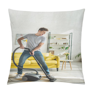 Personality  Handsome Man With Opened Mouth Using Vacuum Cleaner In Living Room  Pillow Covers