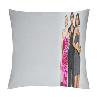 Personality  Banner, Happy African American Man Hugging  Multiethnic Women In Dresses With Champagne On New Year Pillow Covers