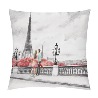 Personality  Paris European City Landscape. France, Eiffel Tower And Couple Young, Man And Woman On The Street View, Black And White Background. Watercolor Painting Illustration,holiday Travel, Valentine,greeting. Pillow Covers