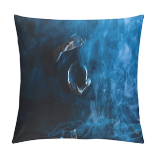 Personality  Cropped View Of Witch With Crystal Ball On Dark Blue Background Pillow Covers