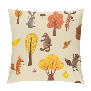 Personality  Autumn Forest Cute Animals Seamless Pattern With Trees Leaves Trendy Flat Cartoon Style Pillow Covers