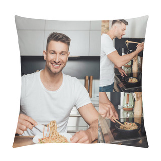 Personality  Collage Of Handsome Man Cooking Delicious Noodles And Smiling At Home  Pillow Covers